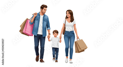 Happy Family Enjoying a Shopping Spree Illustration