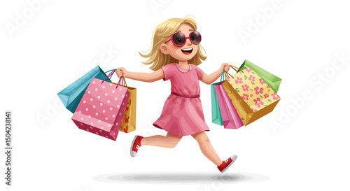 Happy Little Girl Running with Shopping Bags Colorful Illustration