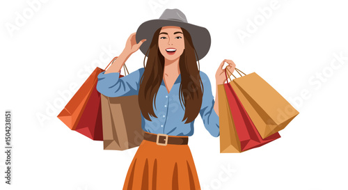Happy Woman with Shopping Bags  Illustration of Joyful Retail Therapy