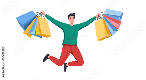Joyful Man Celebrating Successful Shopping Spree with Colorful Bags