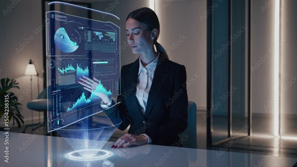 Businesswoman interacting with holographic data display in office  
