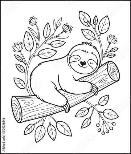 Cute sloth sleeping on a tree branch outline vector for children coloring page