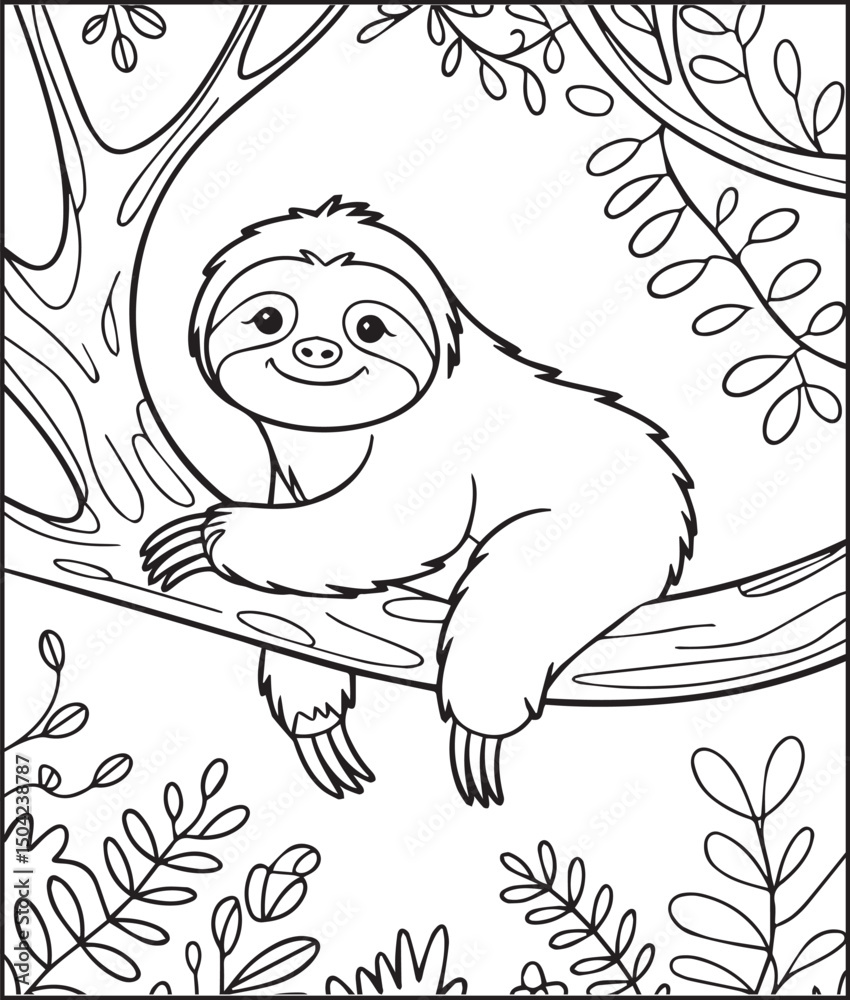 Fototapeta premium Cute sloth sitting on a tree branch outline vector for children coloring page