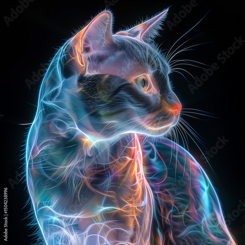 Abstract glowing cat portrait with vibrant colors against black background  