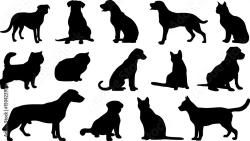 "Minimalist animal silhouette pattern — various breeds of dogs and cats in solid black shapes on a white background. Each figure is rendered without detail, showing only the outer form in a flat, grap