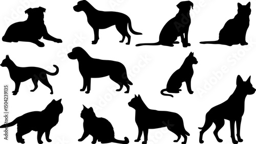 "Minimalist animal silhouette pattern — various breeds of dogs and cats in solid black shapes on a white background. Each figure is rendered without detail, showing only the outer form in a flat, grap