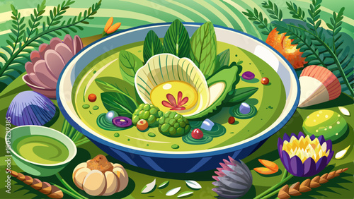 Green asparagus velouté artfully served with a tender scallop centerpiece, complemented by fresh vegetables and delicate flower garnish. Elegant fine dining presentation exudes sophistication and flav