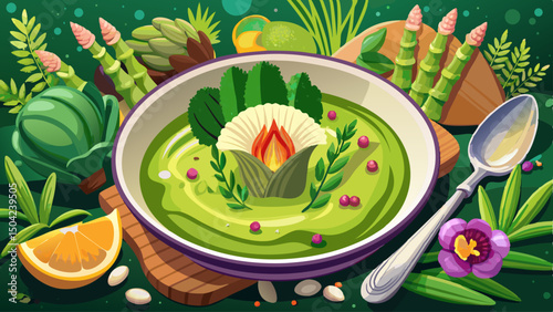Green asparagus velouté artfully served with a tender scallop centerpiece, complemented by fresh vegetables and delicate flower garnish. Elegant fine dining presentation exudes sophistication and flav