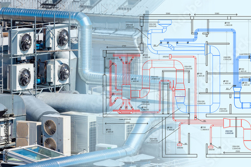 Quadro su tela HVAC system on building rooftop overlaid with technical ventilation schematic, showcasing industrial air conditioning design and engineering