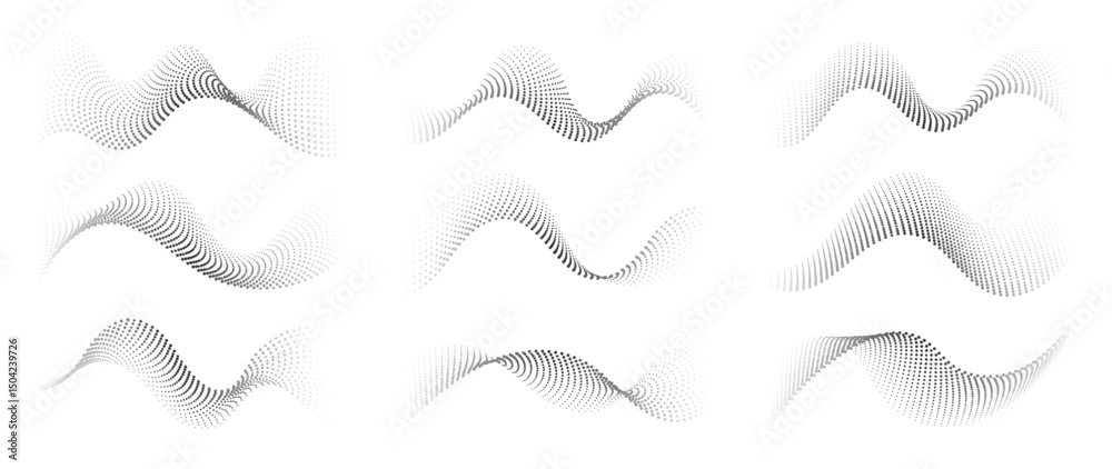 Abstract dotted halftone waves collection. Black and white digital wavy dot, twisted wave line and halftone gradient pattern. Elements on white background for business, education and technology.