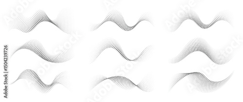 Abstract dotted halftone waves collection. Black and white digital wavy dot, twisted wave line and halftone gradient pattern. Elements on white background for business, education and technology.
