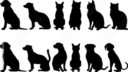 "A minimalist black-and-white illustration featuring a grid of solid black dog and cat silhouettes in various poses — sitting, standing, crouching. Each animal is shown in a flat, two-dimensional prof
