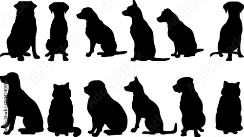 "A minimalist black-and-white illustration featuring a grid of solid black dog and cat silhouettes in various poses — sitting, standing, crouching. Each animal is shown in a flat, two-dimensional prof