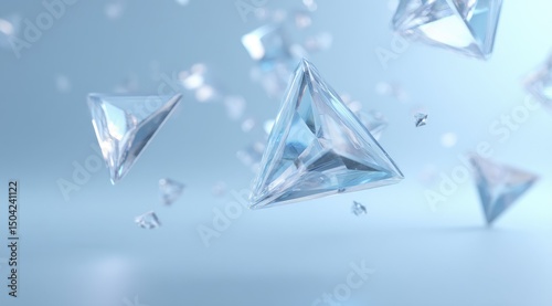 Floating, translucent, triangular prisms of varying sizes, rendered in light blue hues against a soft, blurred background, creating an ethereal, three-dimensional effect