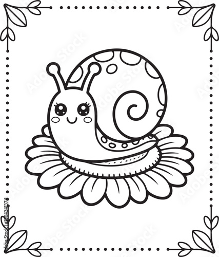 Cute kawaii snail on a flower cartoon vector line art coloring page for kids and toddlers
