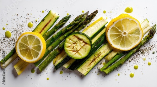A photo of grilled asparagus and zucchini slices, arranged neatly on a white background. The food is bright yellow with hints of green from the grill marks