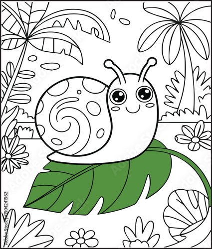 Cute kawaii snail on a leaf cartoon vector line art coloring page for kids and toddlers