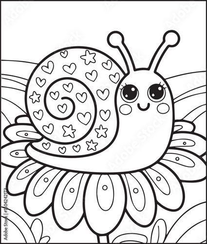Cute kawaii snail on a flower cartoon vector line art coloring page for kids and toddlers