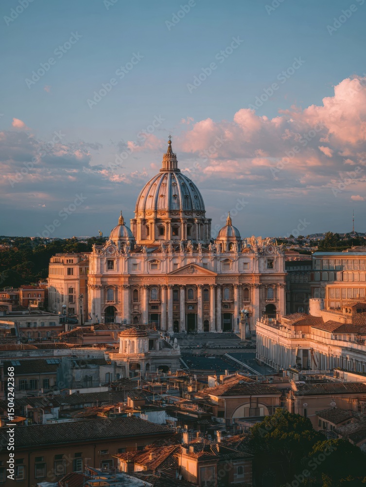 Fototapeta premium Vatican Rooftops Bathed in Warm Light Under an Open Sky During Sunset Provide a Breathtaking View of the Iconic Architecture