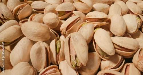 pile of pistachios in a macro view, emphasizing their natural cracked shells and vibrant green interiors