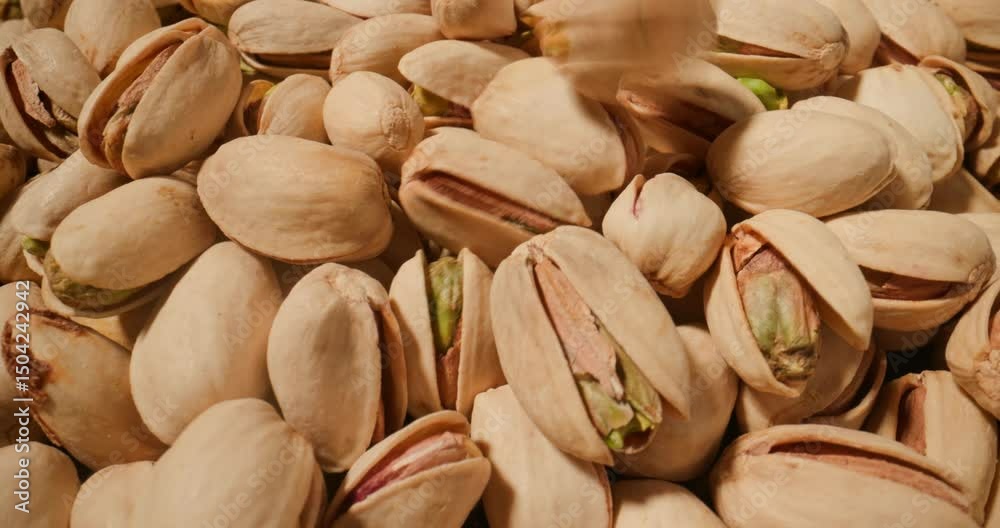 detailed shot of pistachios, featuring their smooth beige shells and the fresh green kernels inside