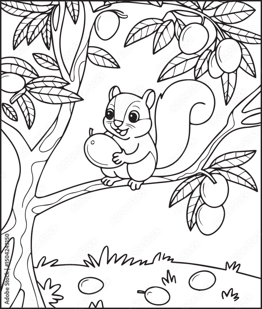Fototapeta premium Cheerful squirrel with mango fruit animal coloring page for kids, line art vector illustration for children activity book design