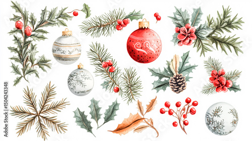 white background Christmas decoration elements including festive ornaments and seasonal icons