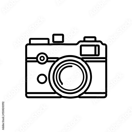 Black and white line vector icon of a retro film camera.
