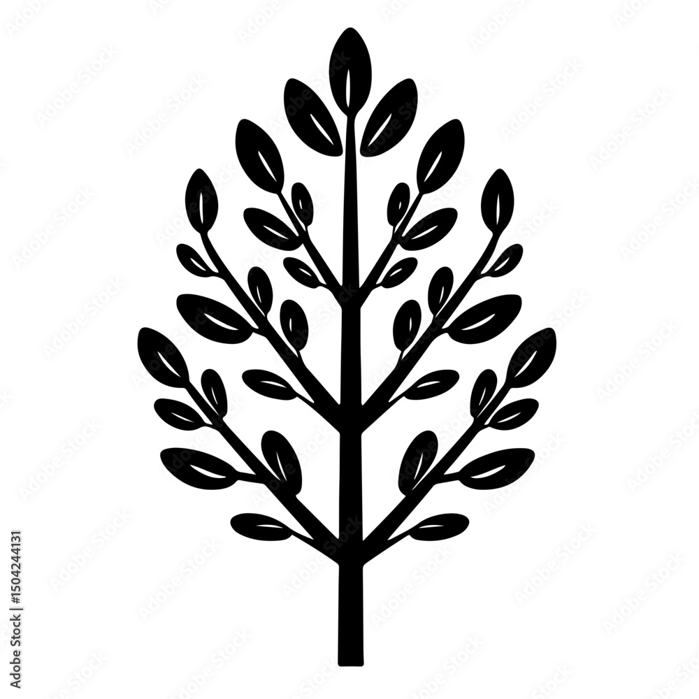 Flat black and white vector icon of a stylized tree with simple leaves.
Flat black and white vector icon of a stylized tree with simple leaves.