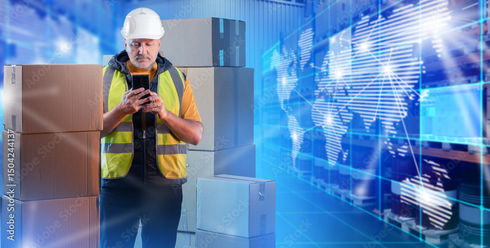 Fototapeta premium Man logistics warehouse specialist. Map with supply chains behind logistician. Man cargo delivery manager with phone in his hands. Storekeeper in service uniform stands in warehouse.