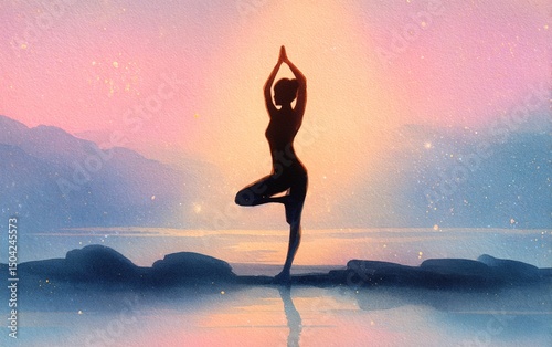 Watercolor painting illustration for International Yoga Day with a serene scene of a woman in a yoga pose. High quality