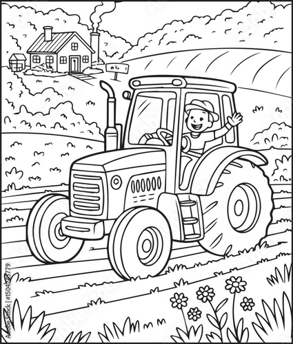 Cute boy with tractor in field coloring page activity book for kids, line art vector for design elements 
