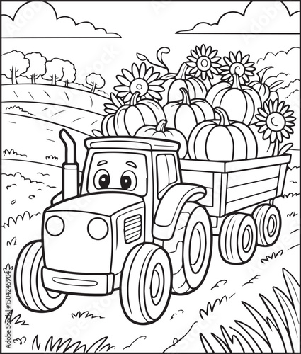 Tractor with pumpkin and flowers coloring page activity book for kids, line art vector for design elements 
