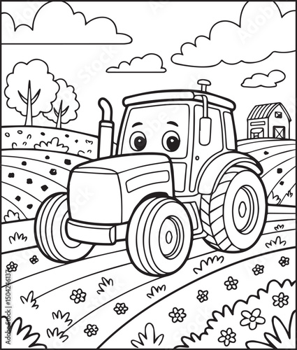 Tractor coloring page activity book for kids, line art vector for design elements 

