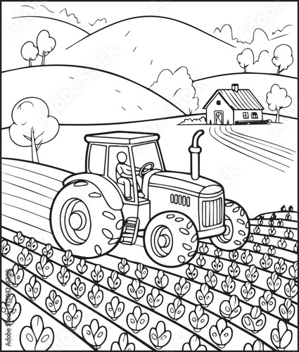 Tractor coloring page activity book for kids, line art vector for design elements 

