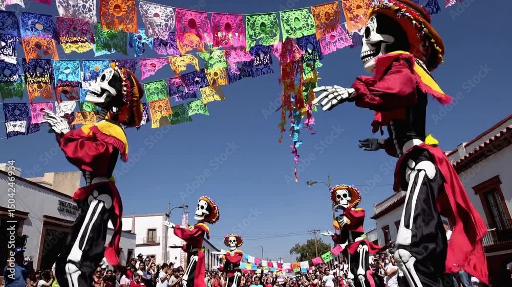 Colorful skeletons dancing in Day of the Dead or dia de los muertos parade with festive papel picado banners