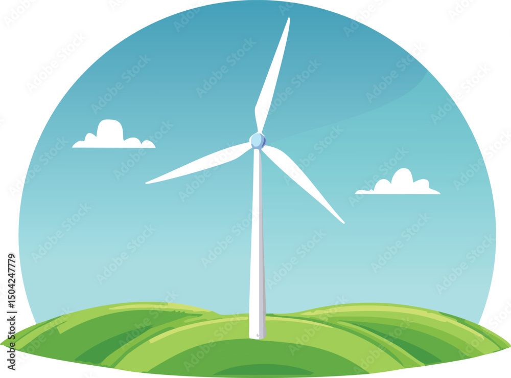 Obraz premium Single wind turbine on a green hill with a clear blue sky