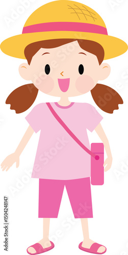 Cute girl wearing summer clothes with straw hats. Pink color. Vector illustration.