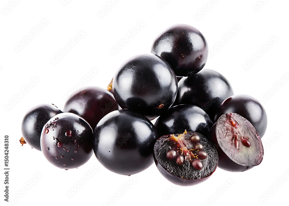 Juicy Black Currants A Close-Up View of Halved and Whole Berries isolated on white background PNG Juicy Black Currants A Close-Up View of Halved and Whole Berries isolated on white background PNG