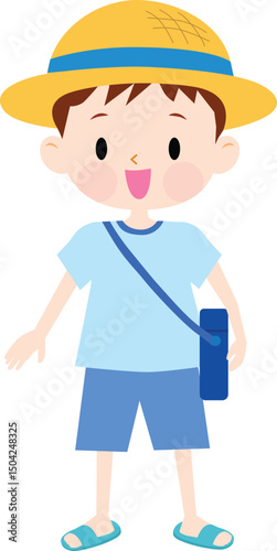 Cute boy wearing summer clothes with straw hats. Blue color. Vector illustration.