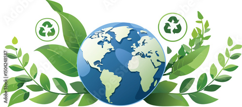 Eco-Friendly Vector of Earth with Green Leaves and Environmental Icons