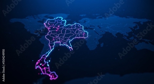 Glowing Neon Lines Map of Thailand Highlighting Provinces and Cities on Dark World Map Background - Digital Technology Concept
