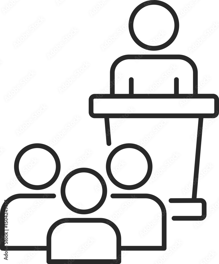 Fototapeta premium Leader on podium line icon with audience for public speaking, authority, and leadership concept, vector.