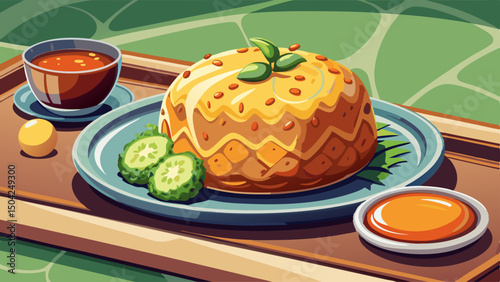 A gourmet cheese ball sits elegantly on a modern plate, accompanied by a small bowl of rich sauce. The clean, minimalistic setting evokes fine dining and refined culinary artistry.