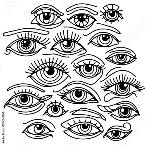 Adobe Illustrator Artwork Set of female eyes. Hand drawn illustration isolated on white background. Collection of women's eyes. Different types of eyes. 