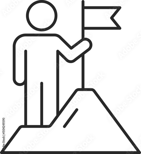 Goal achievement line icon with person placing flag on mountain for success, leadership, and vision, vector.