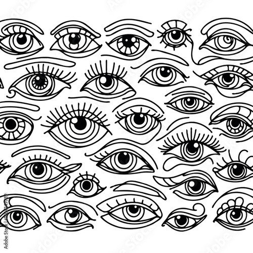 Adobe Illustrator Artwork Set of female eyes. Hand drawn illustration isolated on white background. Collection of women's eyes. Different types of eyes. 