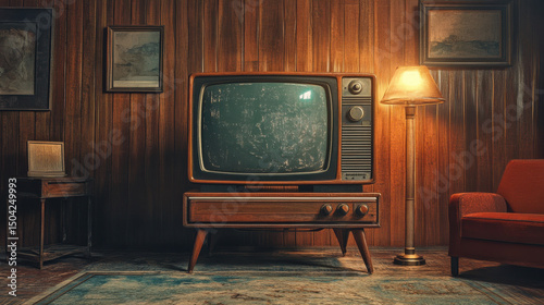 Vintage television set in a retro wooden room setting