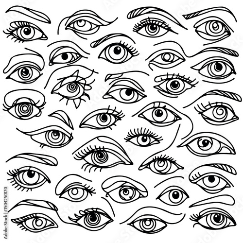 Adobe Illustrator Artwork Set of female eyes. Hand drawn illustration isolated on white background. Collection of women's eyes. Different types of eyes. 