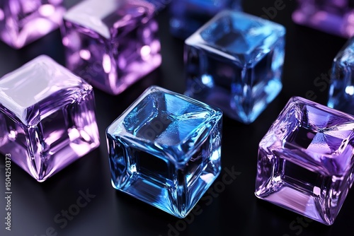 Translucent purple and blue ice cubes shine on a glossy black surface, creating a vibrant scene